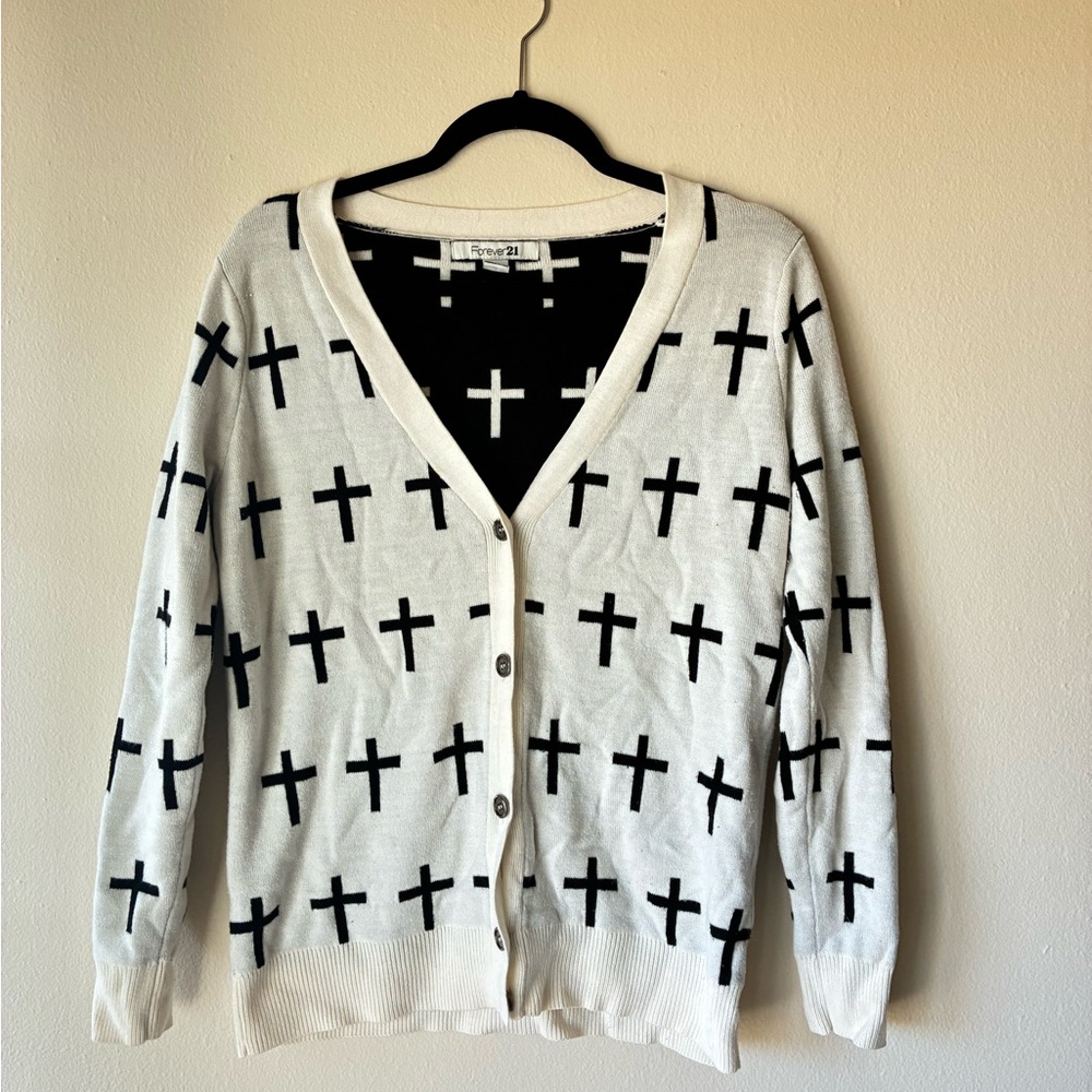 Large Forever 21 White Cardigan with Black Cross Pattern